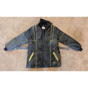 Vintage Bombardier Sportswear Snowmobile Jacket Black Yellow Piping Belted Sz L